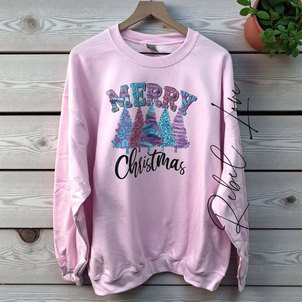 Merry Christmas Pink Sweatshirt New Handmade Size XL Holiday Gift Xmas Lover